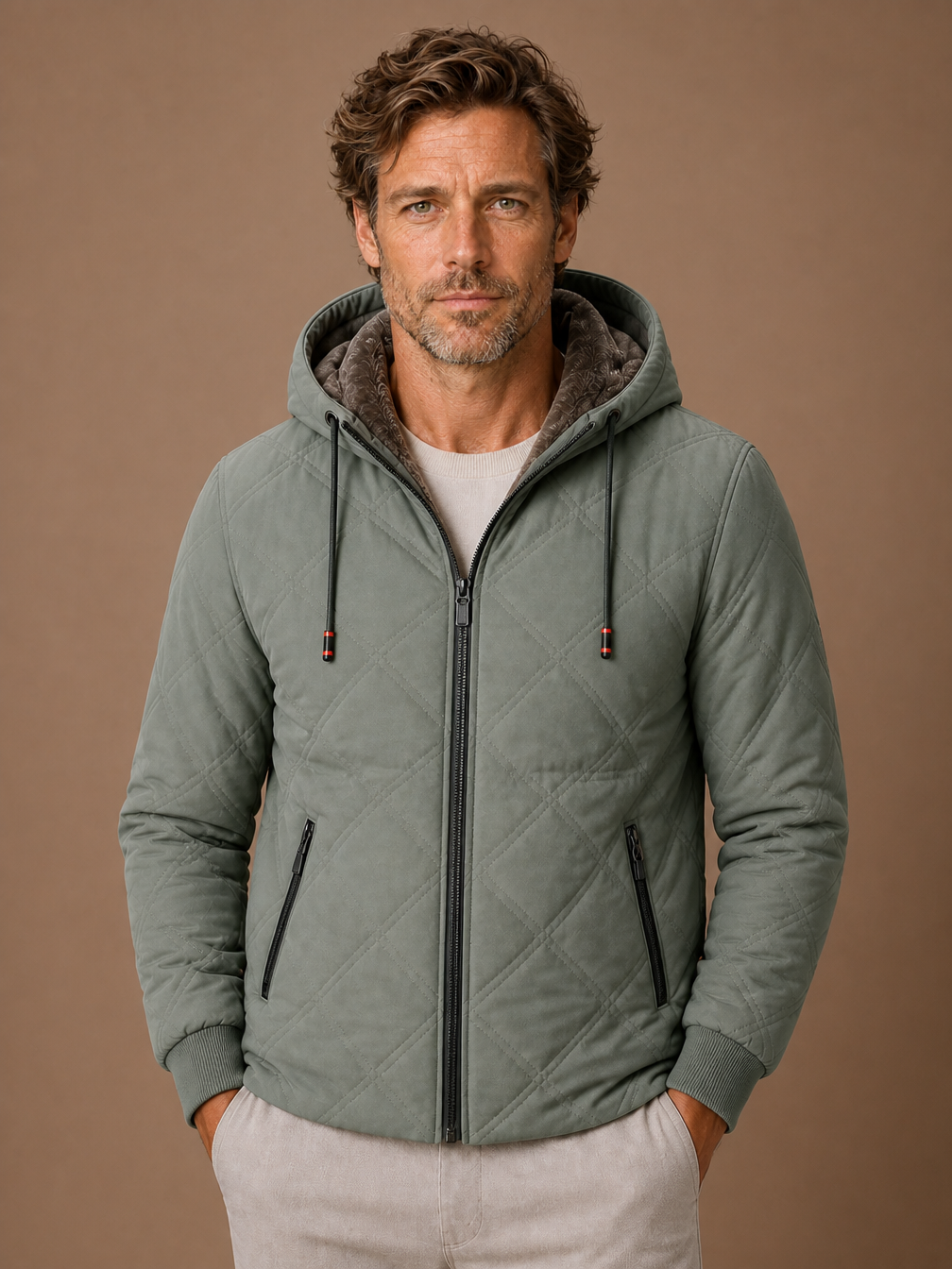 Men's Quilted Puffer Jacket - Hooded Faux-Fur Lined Autumn Winter Coat - Sage Green