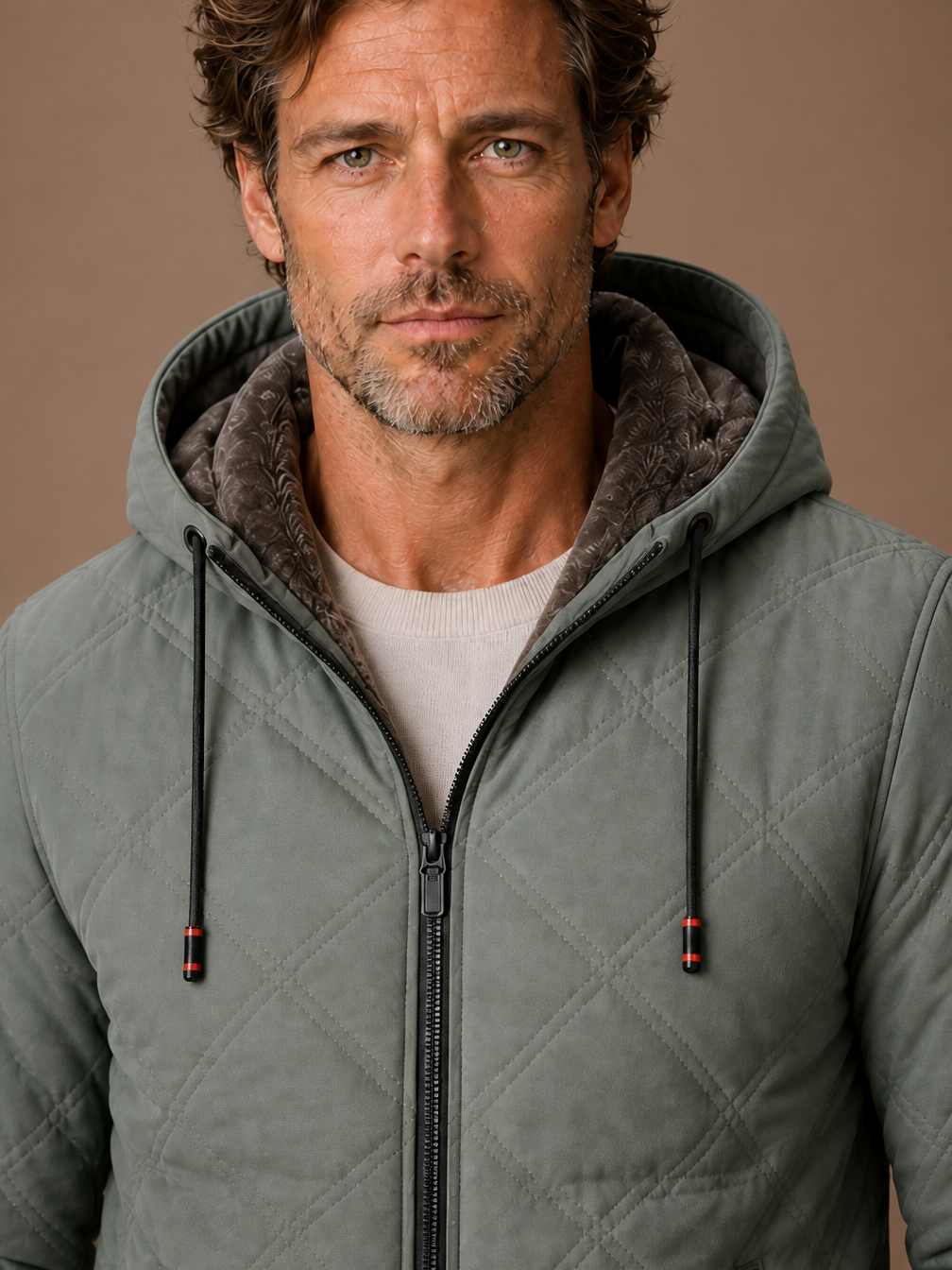 Men's Quilted Puffer Jacket - Hooded Faux-Fur Lined Autumn Winter Coat - Sage Green - Detail Close-Up [AI-OPT:52cb5e44-c1db-40ef-83cb-0b9596a40ec1]