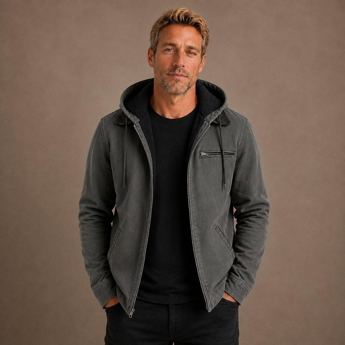 Men's Fleece Lined Hooded Zip Up Jacket for Cold Weather