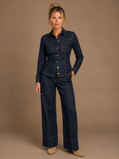 Women's Denim Co-Ord Set with Tailored Button-Up Jacket and High-Waist Wide-Leg Trousers - Set