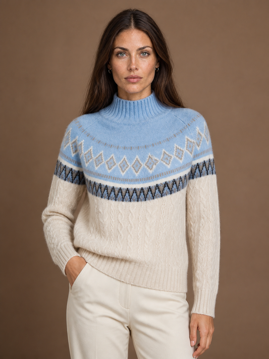 Women's Fair Isle Cashmere Sweater with Patterned Knit and Regular Fit - Sky