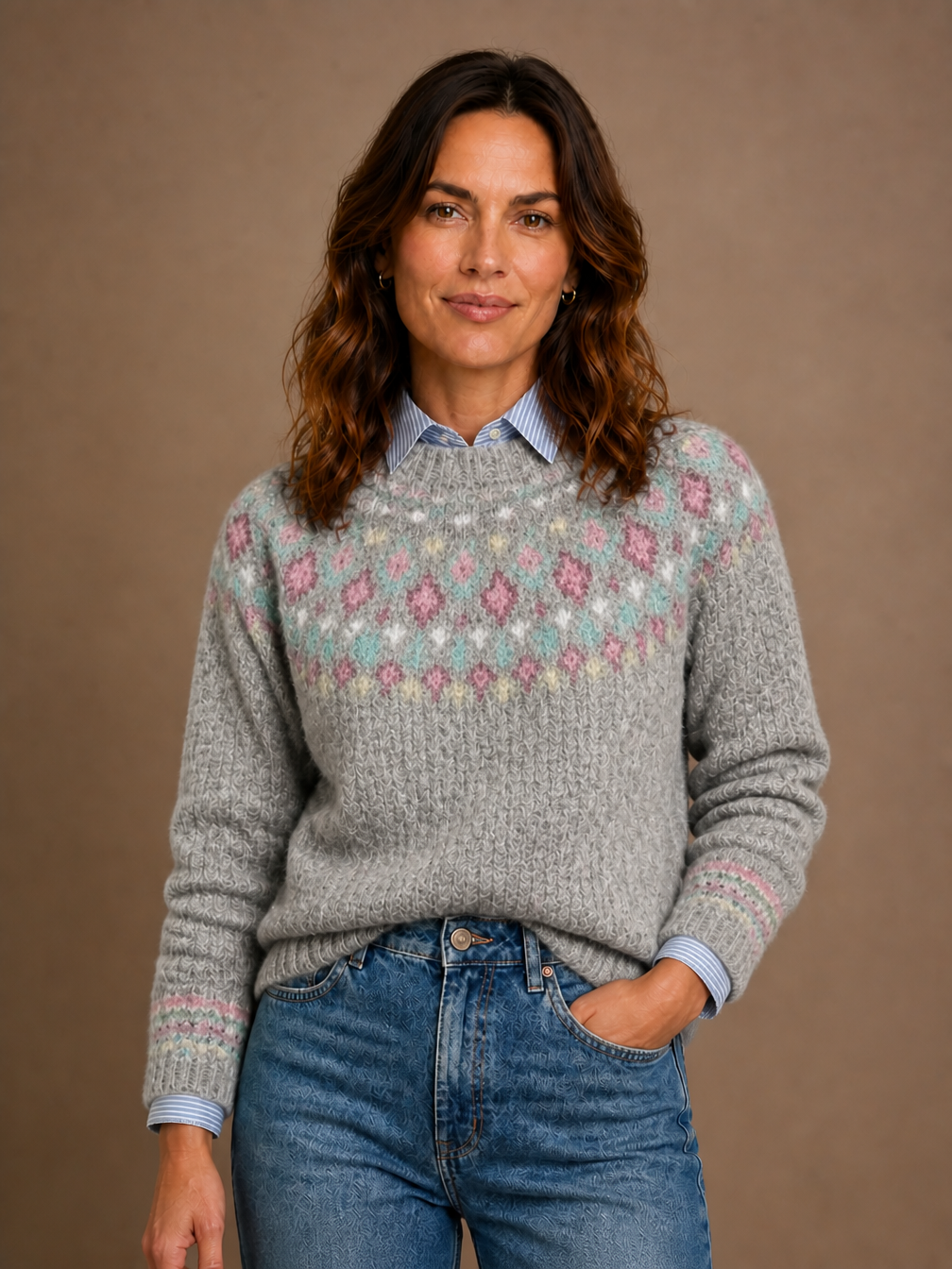 Women's Nordic Knit Sweater with Relaxed Fit and Ribbed Cuffs - Soft Gray Pastel