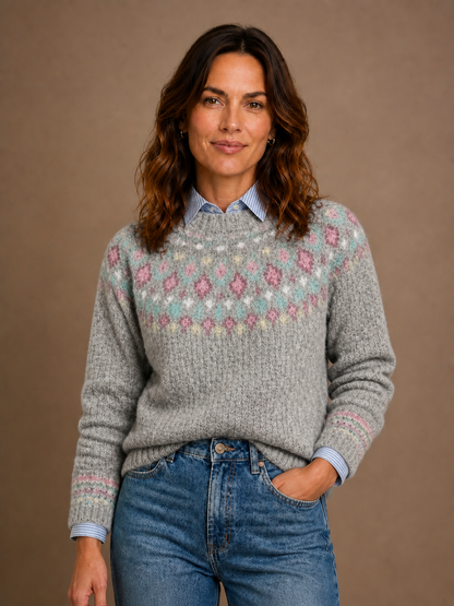 Women's Nordic Knit Sweater with Relaxed Fit and Ribbed Cuffs - Soft Gray Pastel