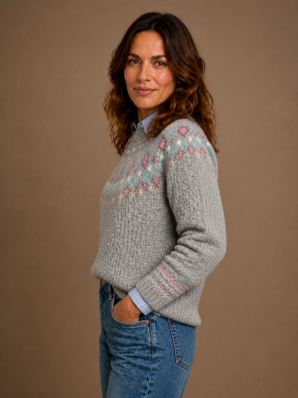 Women's Nordic Knit Sweater - Relaxed Fit Traditional Scandi Jumper - Soft Gray Pastel - Side View [AI-OPT:936fd942-d025-494f-9c47-059a8de7e443]