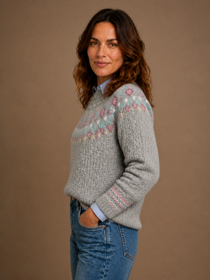 Women's Nordic Knit Sweater - Relaxed Fit Traditional Scandi Jumper - Soft Gray Pastel - Side View [AI-OPT:936fd942-d025-494f-9c47-059a8de7e443]