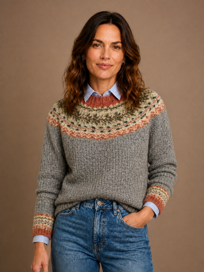 Women's Nordic Knit Sweater with Relaxed Fit and Ribbed Cuffs - Stone Gray Mix