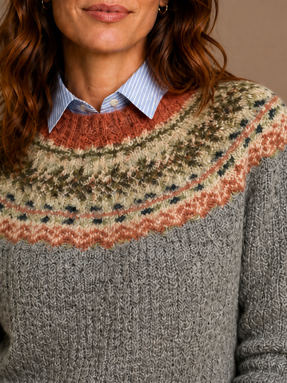 Women's Nordic Knit Sweater - Relaxed Fit Traditional Scandi Jumper - Stone Gray Mix - Detail Close-Up [AI-OPT:ab62c4d6-db17-49b1-8a11-18f681a5d78d]