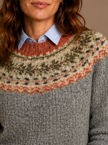 Women's Nordic Knit Sweater - Relaxed Fit Traditional Scandi Jumper - Stone Gray Mix - Detail Close-Up [AI-OPT:ab62c4d6-db17-49b1-8a11-18f681a5d78d]