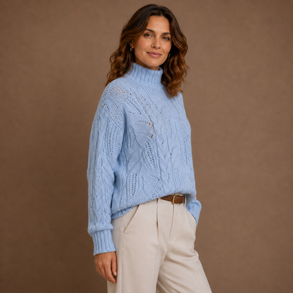 Women's Wavy Blue Cable Knit Cashmere Turtleneck Sweater