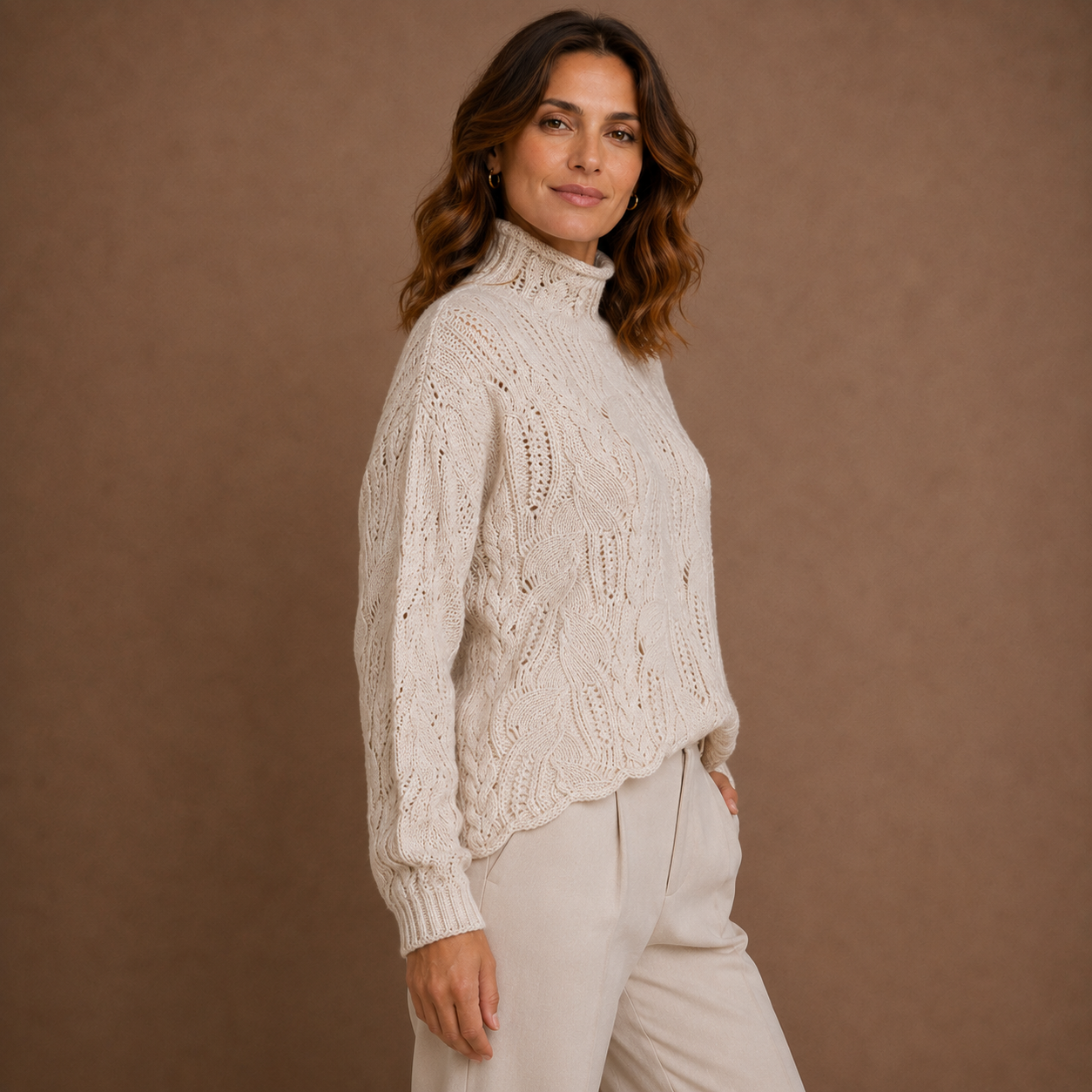 Women's Wavy Blue Cable Knit Cashmere Turtleneck Sweater