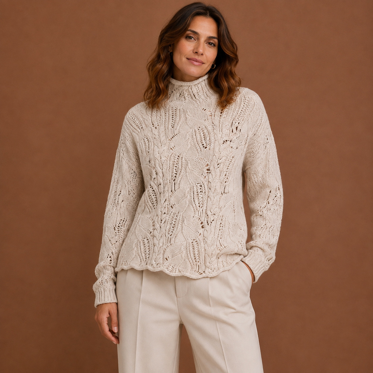 Women's Wavy Blue Cable Knit Cashmere Turtleneck Sweater