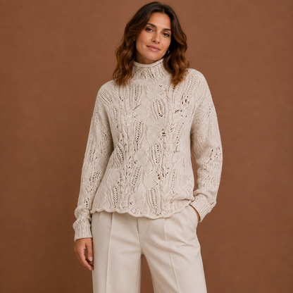 Women's Wavy Blue Cable Knit Cashmere Turtleneck Sweater