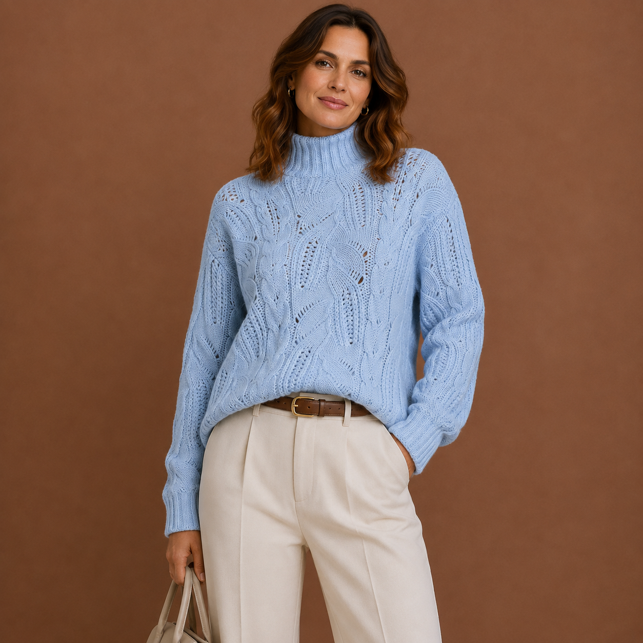 Women's Wavy Blue Cable Knit Cashmere Turtleneck Sweater