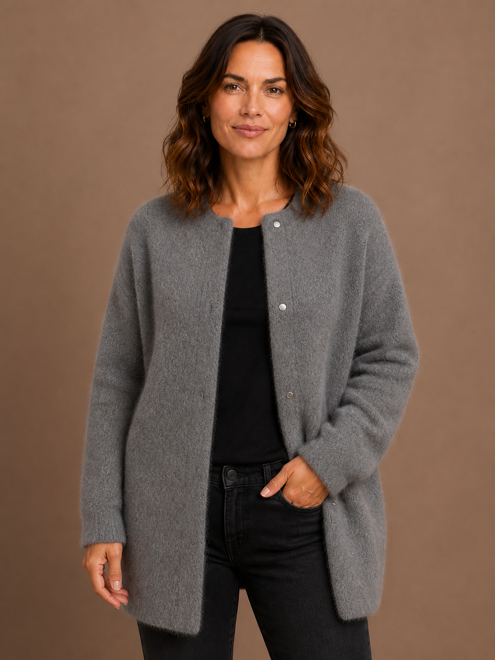 Women's Longline Open Front Cardigan in Brushed Knit with Dropped Shoulders - Szary