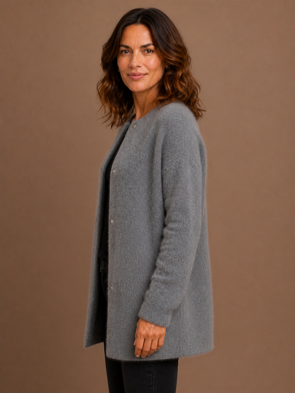Women's Longline Open Front Cardigan in Brushed Knit with Dropped Shoulders - Szary - Side View [AI-OPT:fecb3b0e-fbe2-4c5e-ac91-2d9db9f3f0da]