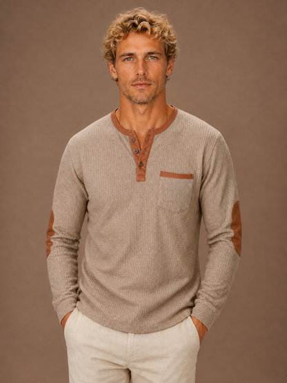 Men's Waffle Knit Henley Shirt Long Sleeve Textured Layering Top - Taupe