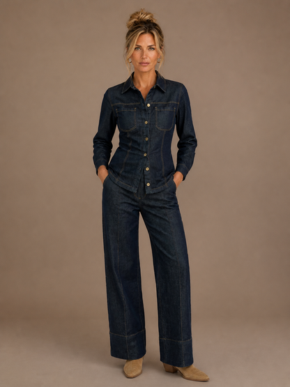 Women's Denim Co-Ord Set with Tailored Button-Up Jacket and High-Waist Wide-Leg Trousers - Top