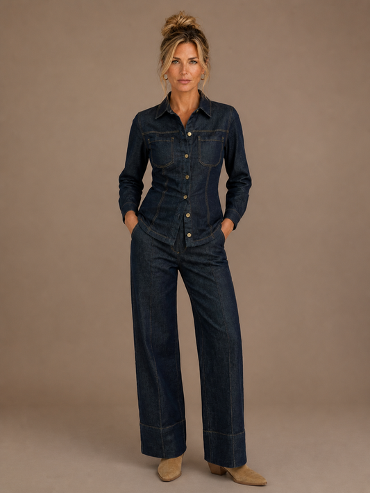 Women's Denim Co-Ord Set with Tailored Button-Up Jacket and High-Waist Wide-Leg Trousers - Top