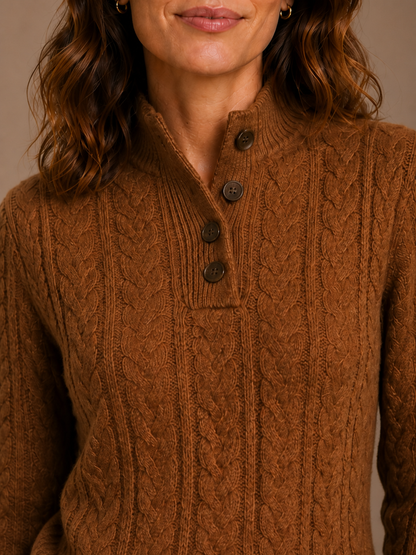 Women's Thick Cable-Knit Button-Up Sweater - Cashmere Blend Sweater with Stand Collar - Vintage - Detail Close-Up [AI-OPT:a3777406-d981-4ae5-8fef-4d029875b4aa]