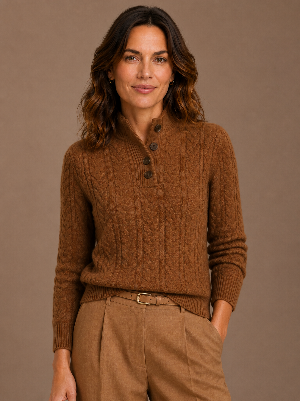 Women's Thick Cable-Knit Button-Up Sweater - Cashmere Blend Sweater with Stand Collar - Vintage