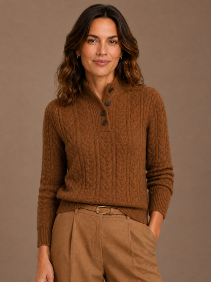 Women's Thick Cable-Knit Button-Up Sweater - Cashmere Blend Sweater with Stand Collar - Vintage