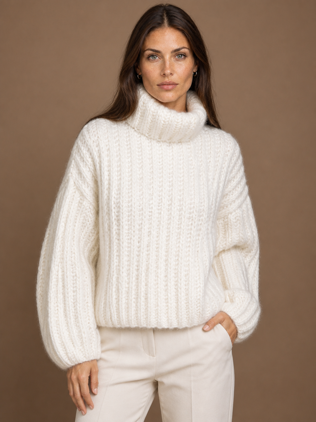 Women's Oversized Roll-Neck Chunky Knit Jumper – Cosy Fuzzy Warm Sweater - Weiß