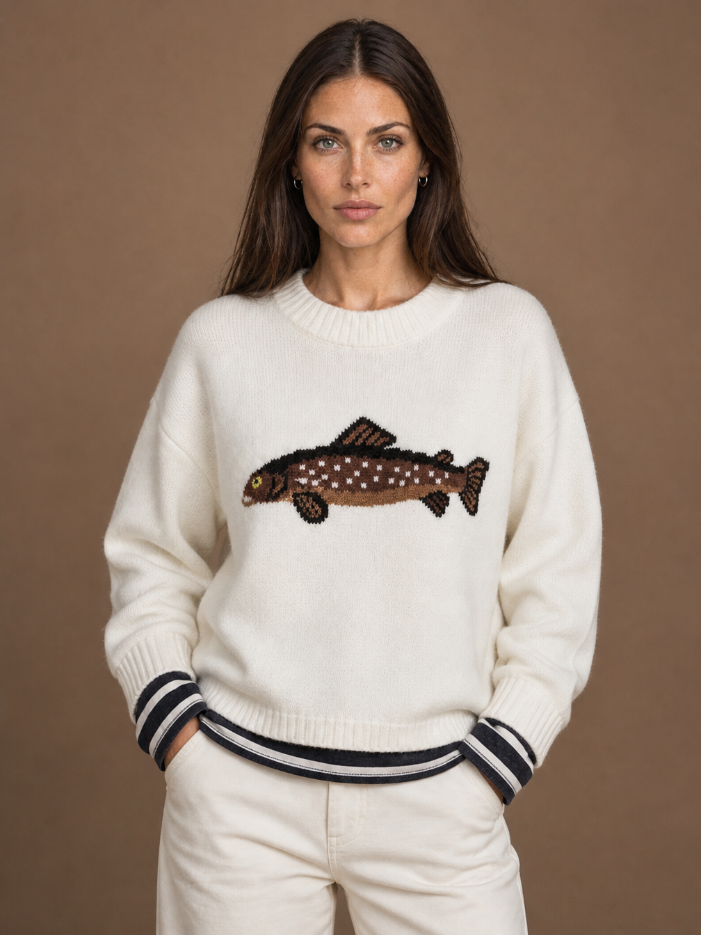 Women's Fish Motif Crew Neck Knit Sweater, Relaxed Oversized Fit, Wool Blend - White