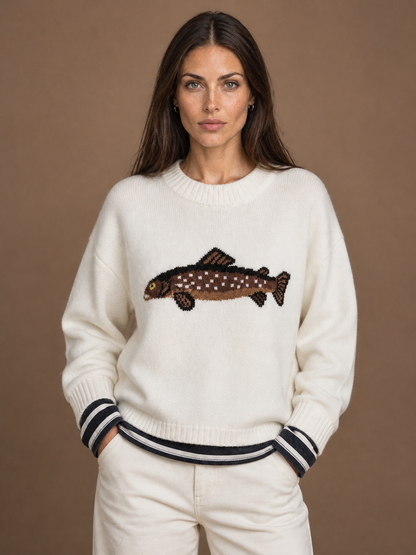 Women's Fish Motif Crew Neck Knit Sweater, Relaxed Oversized Fit, Wool Blend - White