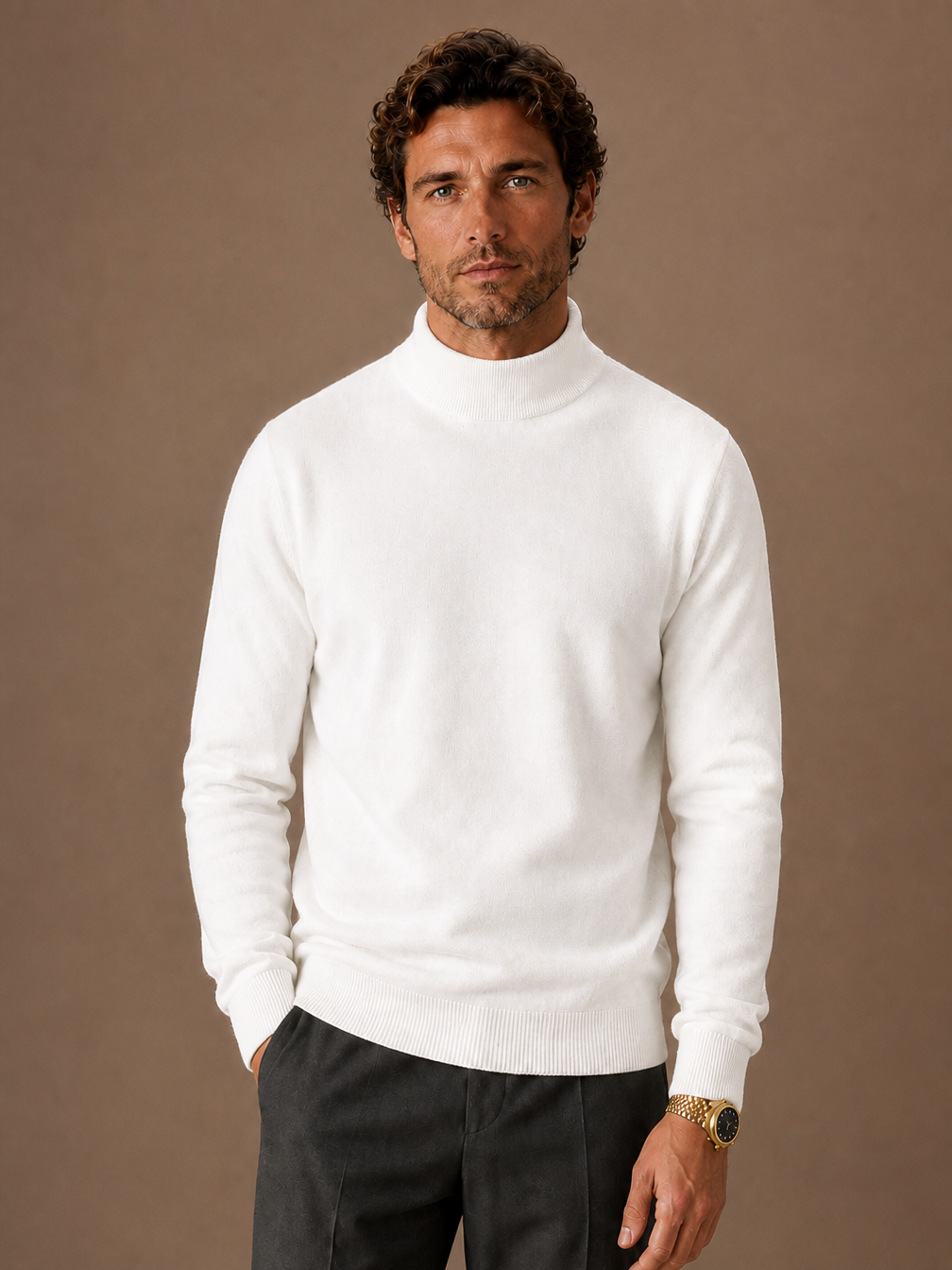 Men's Mock Neck Sweater Pullover Knit Top for Layering - White