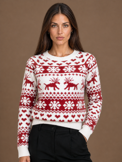 Women's Christmas Jumper Fair Isle Knit Crew Neck Red and White - White
