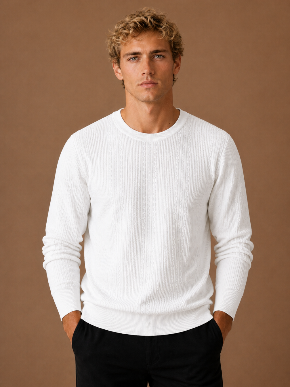 Men's Cable Knit Crew Neck Sweater, Regular Fit Textured Pullover - White