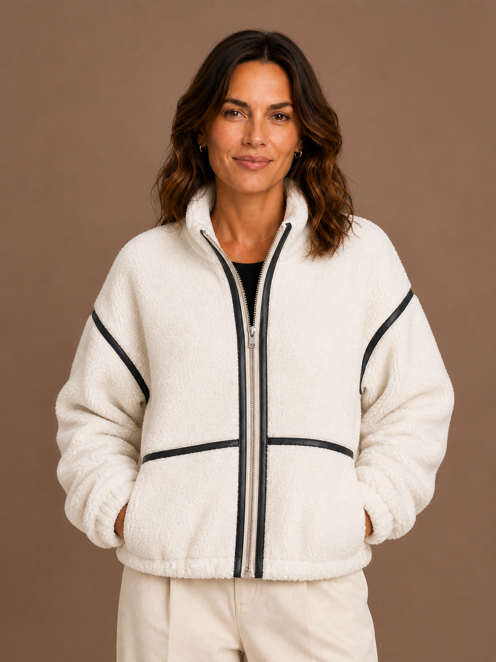 Women's Sherpa Fleece Jacket with Full Zip, Stand Collar and Patch Pockets - White