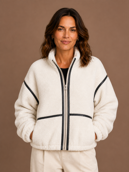 Women's Sherpa Fleece Jacket with Full Zip, Stand Collar and Patch Pockets - White