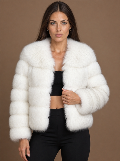 Women's Faux Fur Cropped Jacket – Plush Winter Coat with Relaxed Fit - White