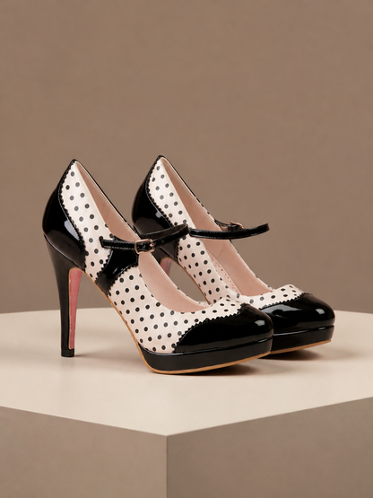 Women's White Polka Dot Mary Jane Heels with Buckle Strap and Platform - White