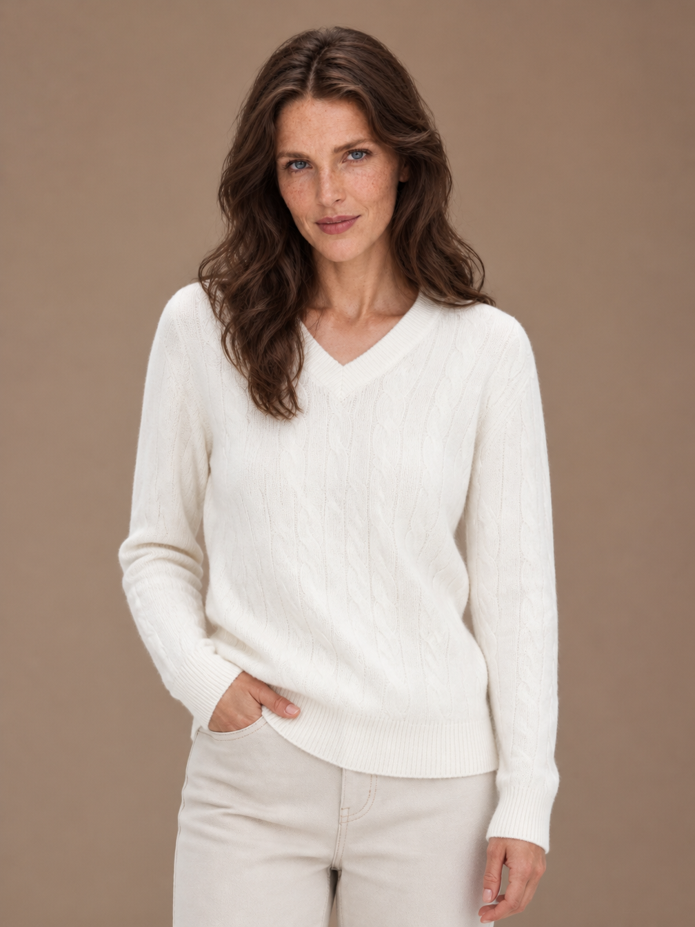 Women's Cashmere-Look V-Neck Pullover Sweater with Twist-Flower Knit Detail - White