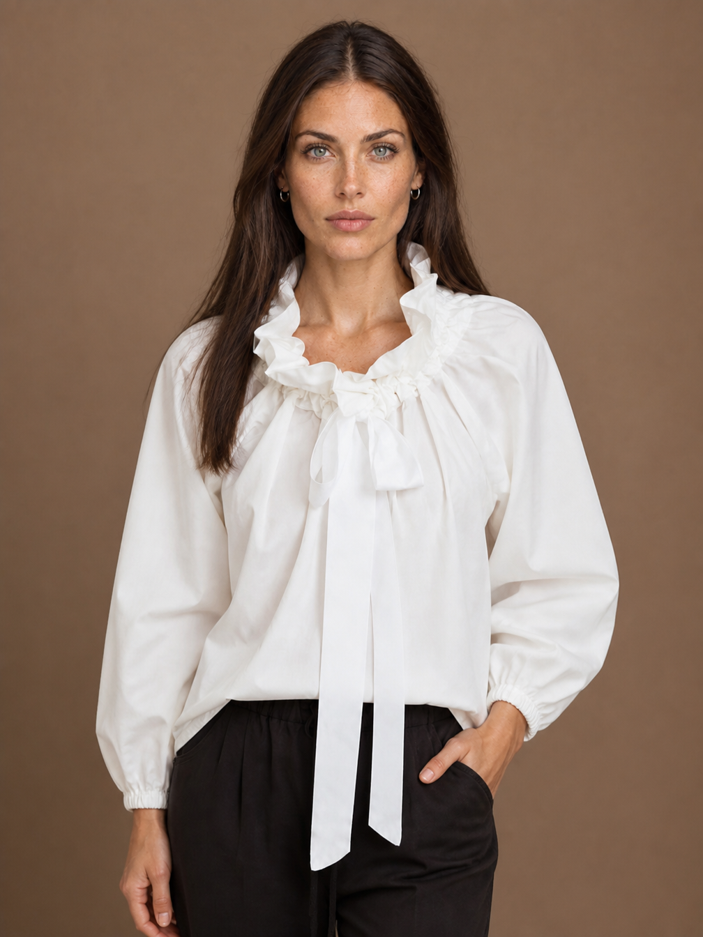 Women's Ruffled Collar Blouse with Lantern Sleeves and Bow Tie - White