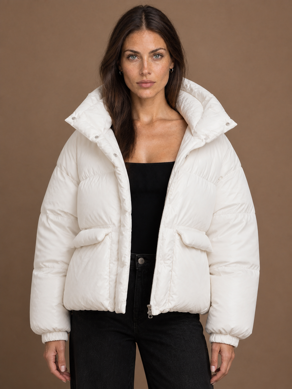 Women's Oversized Quilted Hooded Puffer Jacket with Storm Flap and Zip Pockets - White