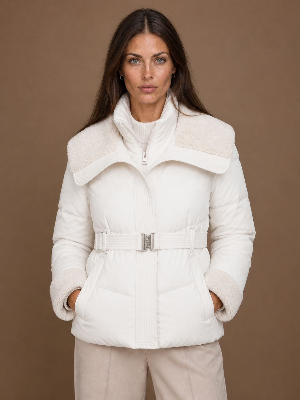 Women's Belted Puffer Jacket Winter Coat - White