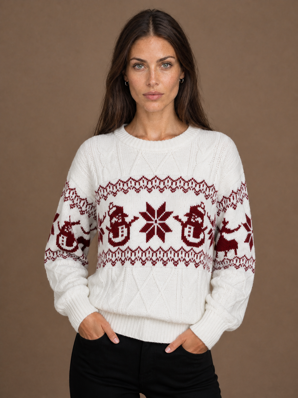 Women's Christmas Snowman Sweater, Cable Knit Fair Isle Crew Neck Pullover - White