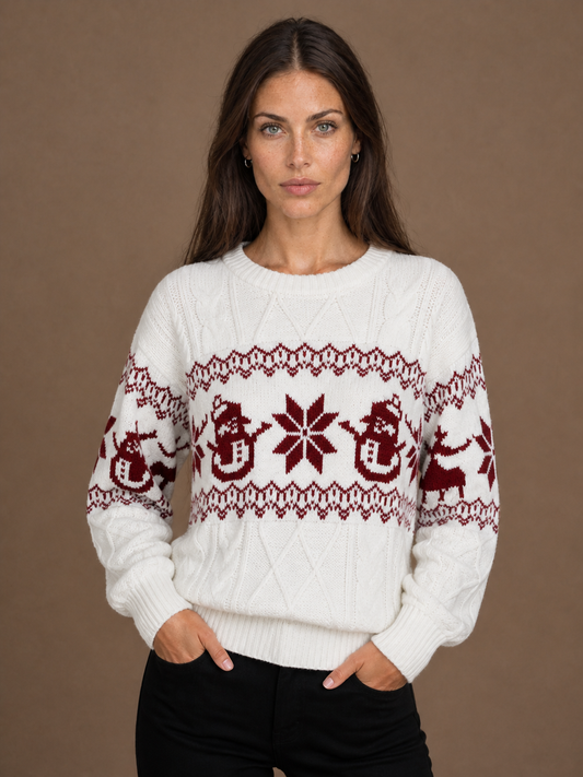 Women's Christmas Snowman Sweater, Cable Knit Fair Isle Crew Neck Pullover - White