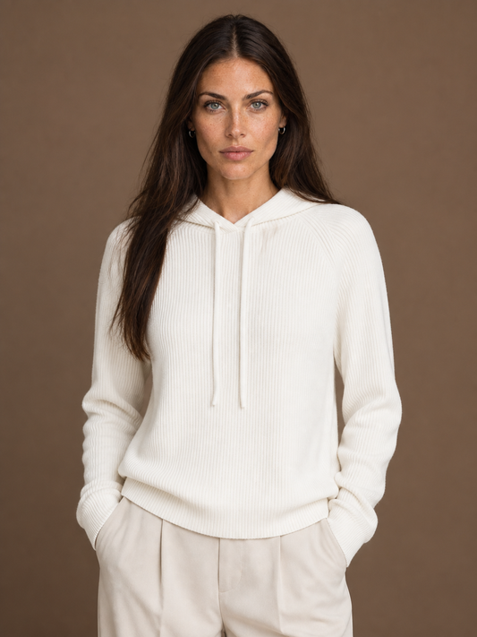 Women's Ribbed Cashmere Hoodie with Adjustable Drawstring - White