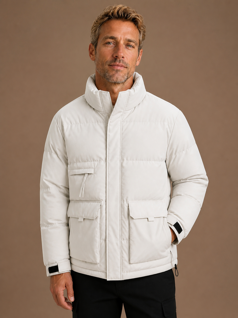 Men's High-Neck Puffer Jacket Winter Coat - White