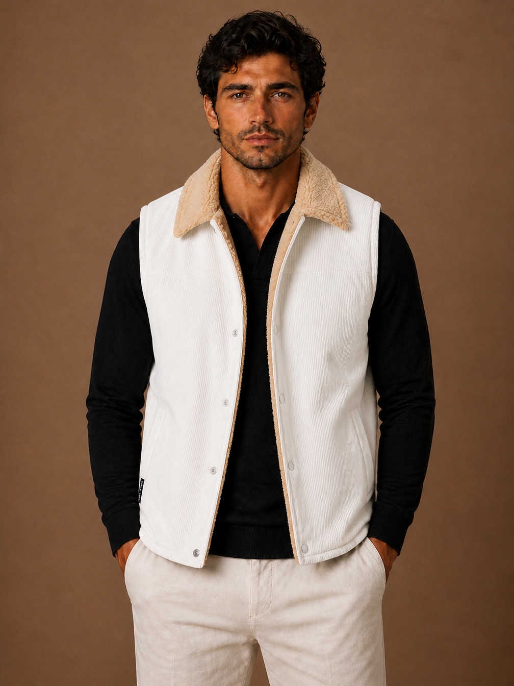 Men's Sherpa-Lined Corduroy Gilet Winter Sleeveless Layering Vest - White