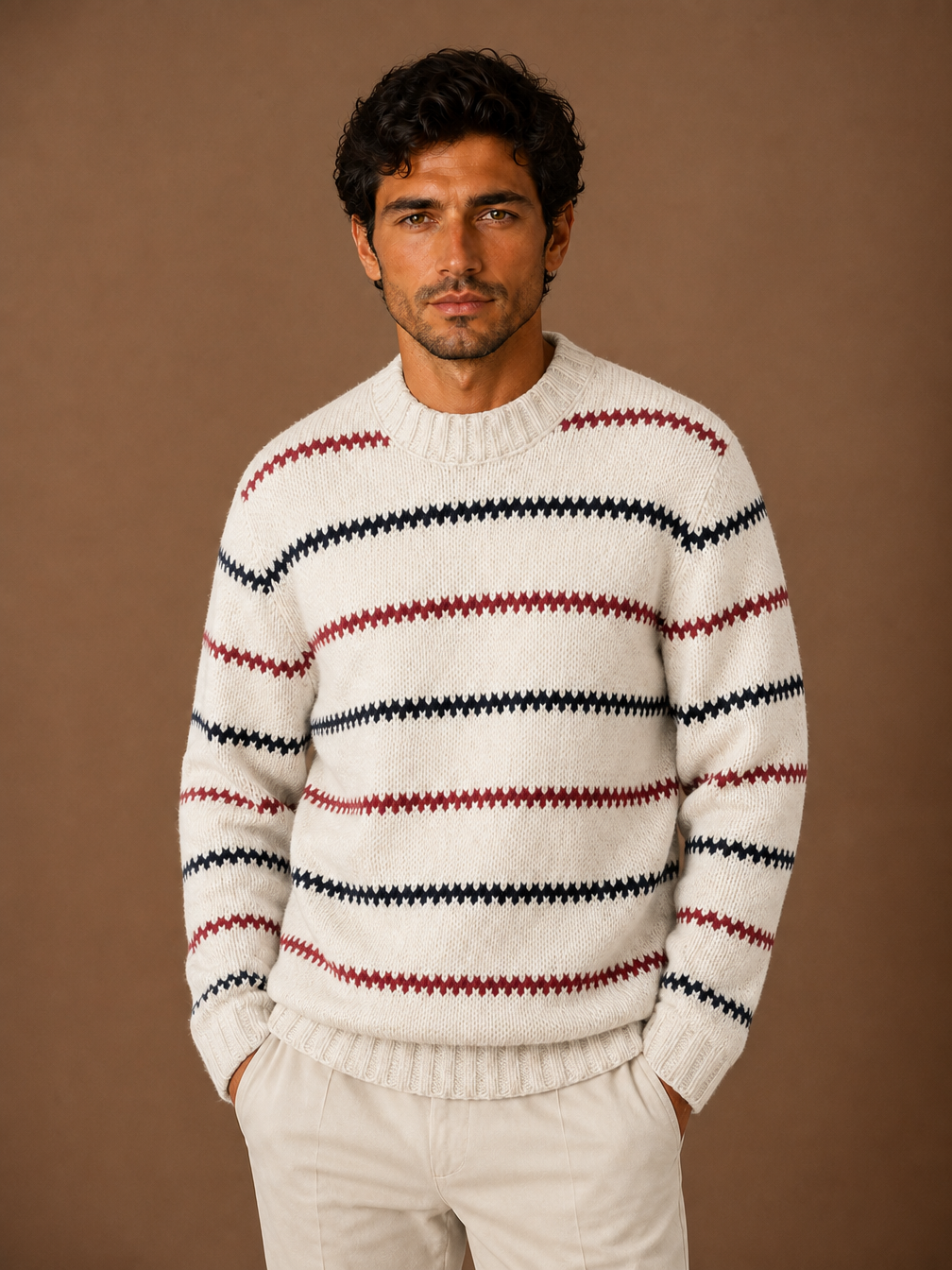 Men's Striped Knit Sweater - White Knitted Cotton Crew Neck Jumper - White