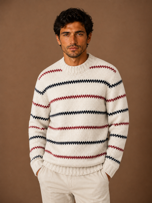 Men's Striped Knit Sweater - White Knitted Cotton Crew Neck Jumper - White