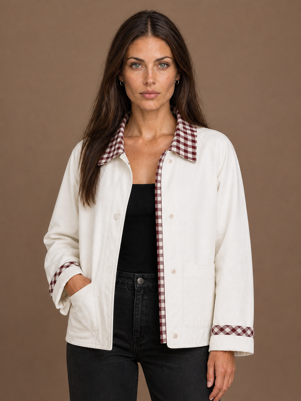 Women's Barn Jacket with Checked Collar - Autumn Winter Outerwear Coat - White