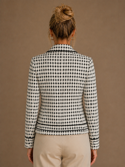 Cropped Houndstooth Knit Jacket with Double-Breasted Buttons - White - Back View [AI-OPT:fe115b1a-d553-436a-ac93-02e9c0dcf15b]