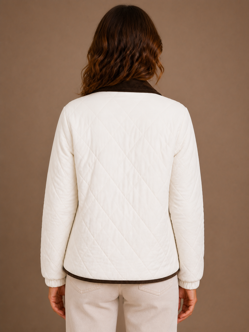 Women's Quilted Puffer Jacket with Corduroy Collar - Lightweight Padded Coat - White - Back View [AI-OPT:4a45f401-51ce-42f0-8208-87ea04f60bce]