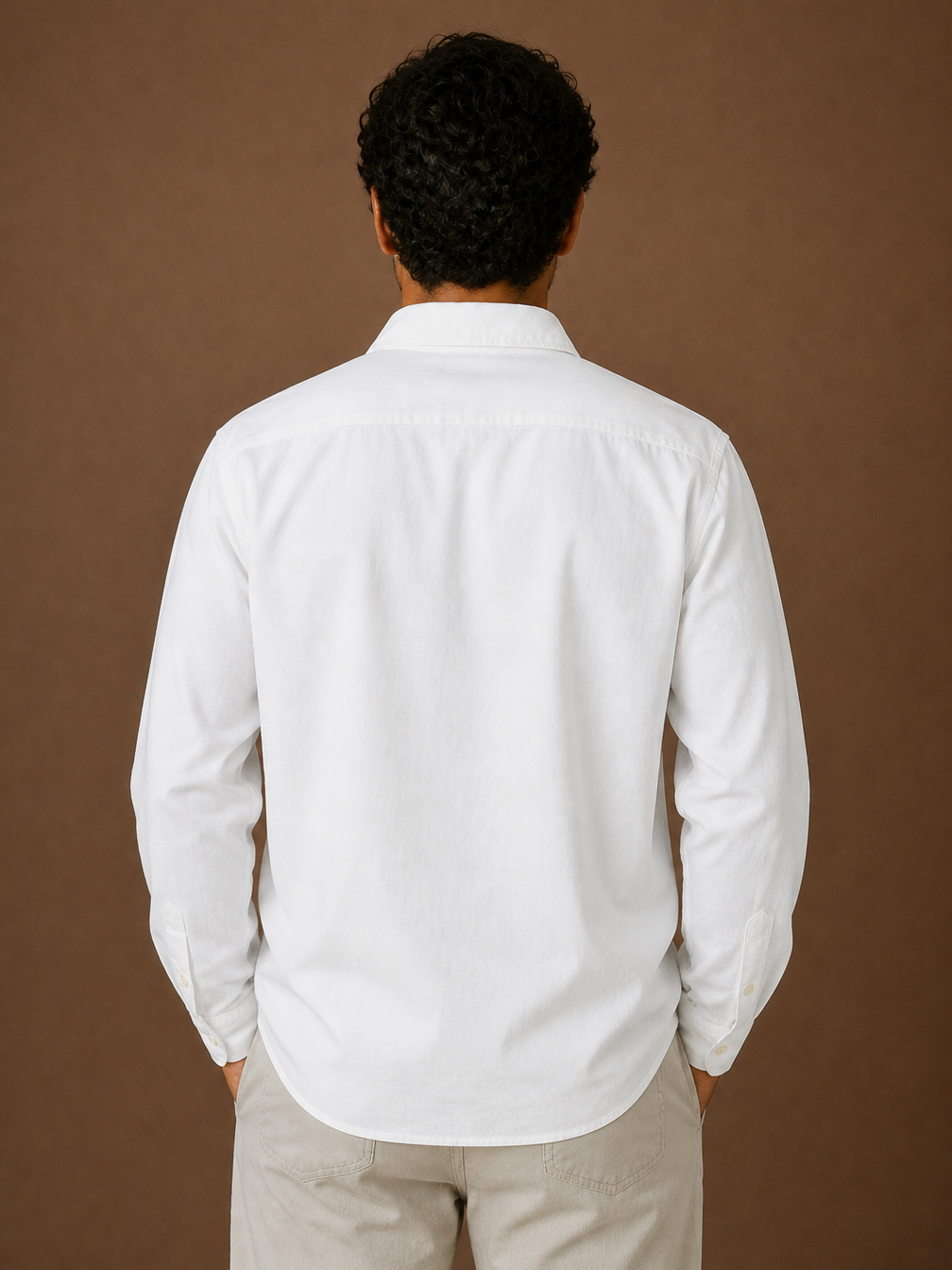Men's Popover Shirt Cotton Linen Blend Half Button Chest Pocket Relaxed - White - Back View [AI-OPT:c17f8a9c-08f6-4993-85fa-0c106d77f79c]
